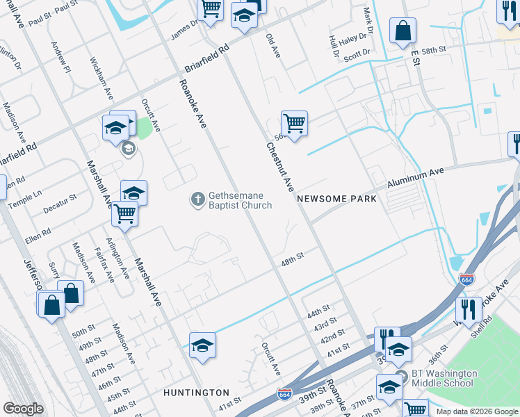 map of restaurants, bars, coffee shops, grocery stores, and more near 5100 Roanoke Avenue in Newport News