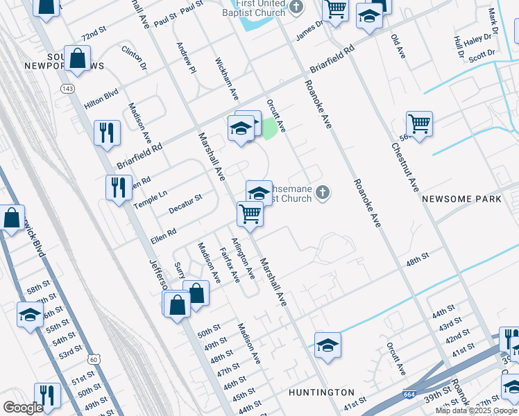 map of restaurants, bars, coffee shops, grocery stores, and more near 5720 Marshall Avenue in Newport News