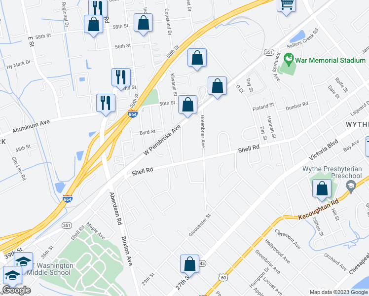 map of restaurants, bars, coffee shops, grocery stores, and more near 626 Vaughan Avenue in Hampton