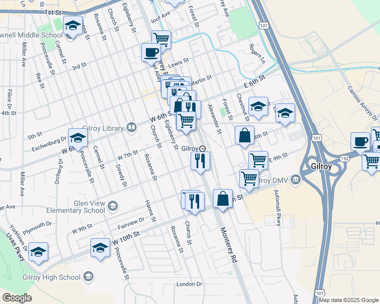 map of restaurants, bars, coffee shops, grocery stores, and more near 7225 Monterey Road in Gilroy