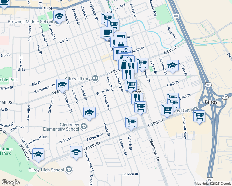 map of restaurants, bars, coffee shops, grocery stores, and more near 7249 Church Street in Gilroy