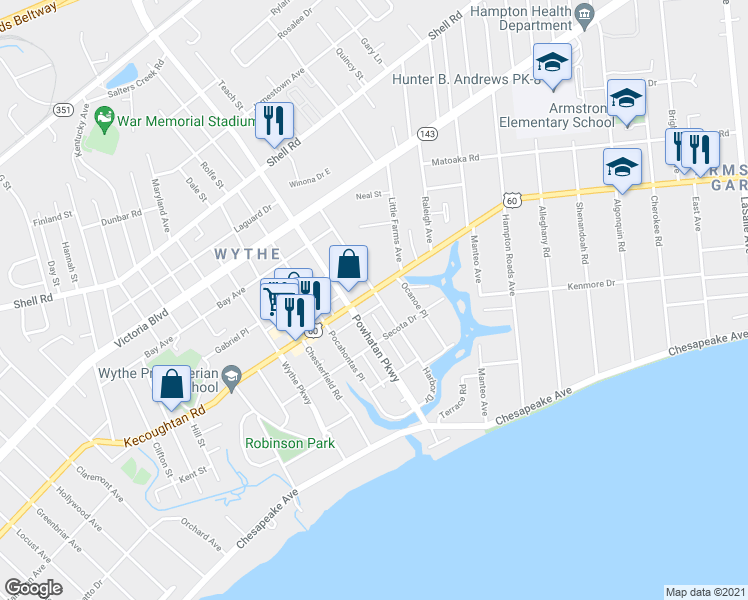 map of restaurants, bars, coffee shops, grocery stores, and more near 141 Pochin Place in Hampton