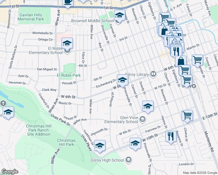 map of restaurants, bars, coffee shops, grocery stores, and more near 751 West 6th Street in Gilroy
