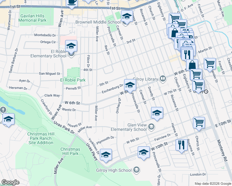map of restaurants, bars, coffee shops, grocery stores, and more near 751 West 6th Street in Gilroy