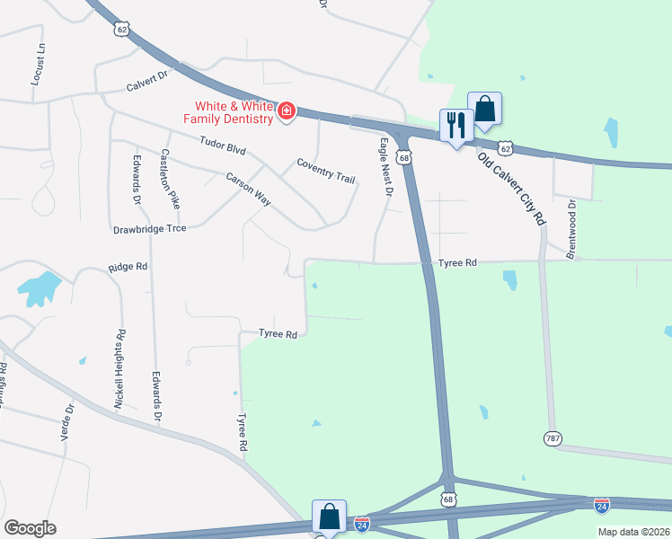 map of restaurants, bars, coffee shops, grocery stores, and more near 740 Tyree Road in Paducah