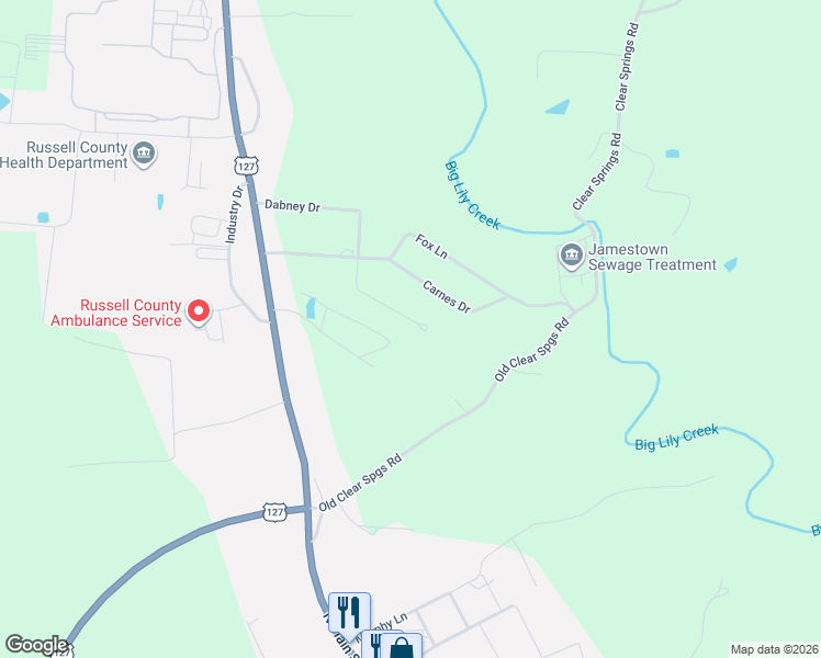 map of restaurants, bars, coffee shops, grocery stores, and more near J Hudson Road in Jamestown