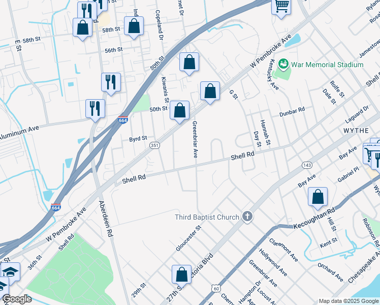 map of restaurants, bars, coffee shops, grocery stores, and more near 621 Greenbriar Avenue in Hampton