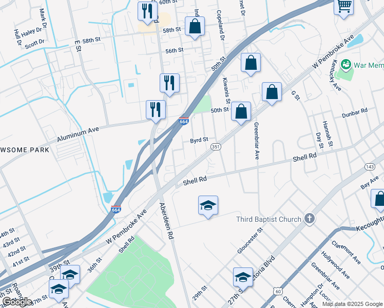 map of restaurants, bars, coffee shops, grocery stores, and more near 627 Birch Avenue in Hampton