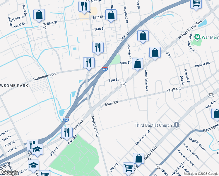 map of restaurants, bars, coffee shops, grocery stores, and more near 627 Birch Avenue in Hampton