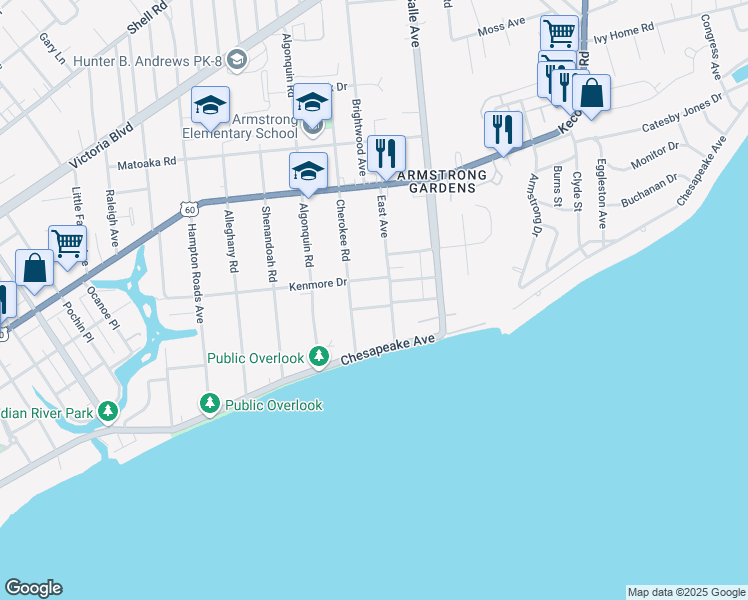 map of restaurants, bars, coffee shops, grocery stores, and more near 3509 Spottswood Place in Hampton