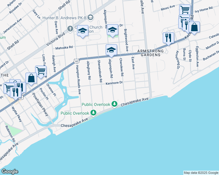 map of restaurants, bars, coffee shops, grocery stores, and more near 69 Algonquin Road in Hampton