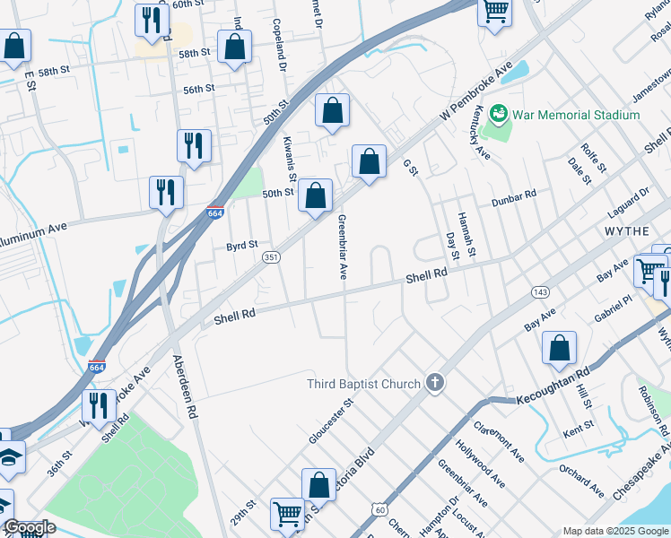 map of restaurants, bars, coffee shops, grocery stores, and more near 621 Greenbriar Avenue in Hampton
