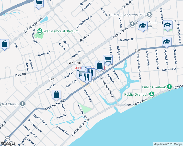 map of restaurants, bars, coffee shops, grocery stores, and more near 230 Pocahontas Place in Hampton
