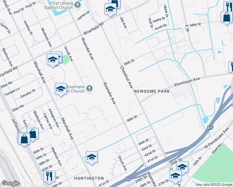 map of restaurants, bars, coffee shops, grocery stores, and more near 5100 Roanoke Avenue in Newport News