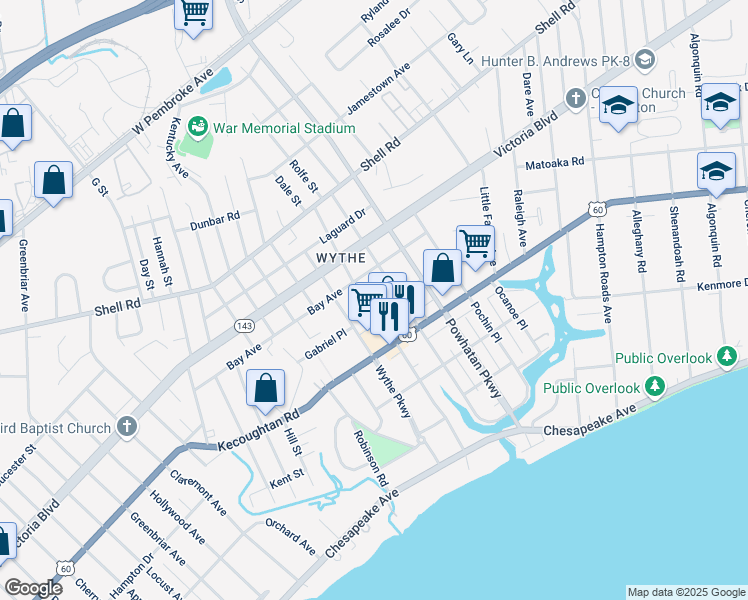 map of restaurants, bars, coffee shops, grocery stores, and more near 220 Chesterfield Road in Hampton