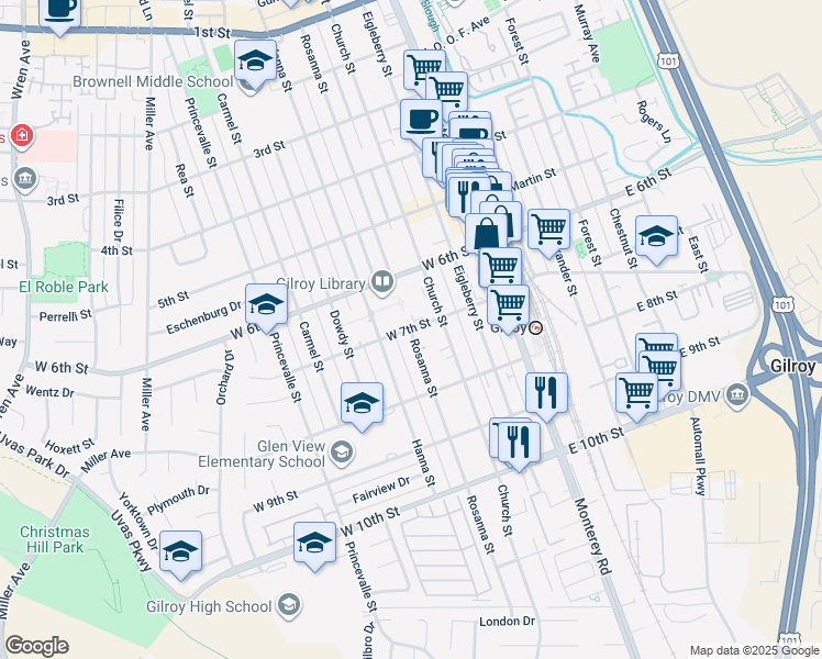 map of restaurants, bars, coffee shops, grocery stores, and more near 7299 Rosanna Street in Gilroy
