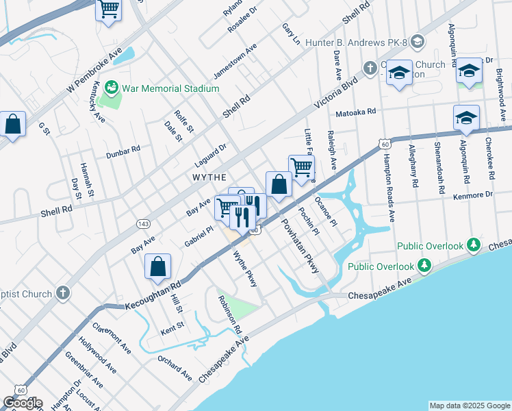map of restaurants, bars, coffee shops, grocery stores, and more near 230 Pocahontas Place in Hampton