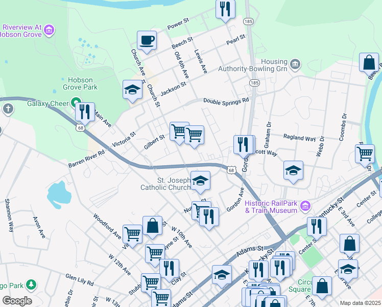 map of restaurants, bars, coffee shops, grocery stores, and more near 2115 Veterans Memorial Lane in Bowling Green