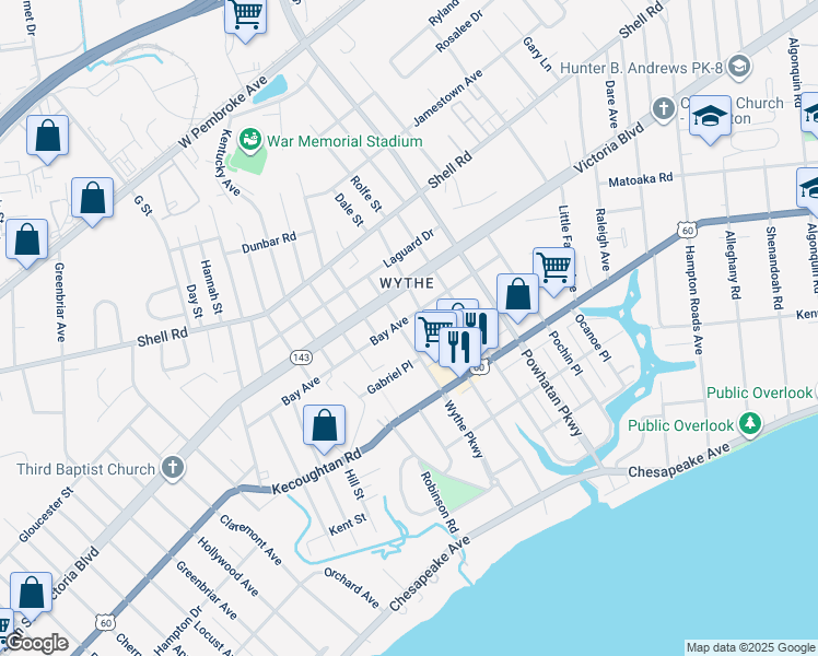 map of restaurants, bars, coffee shops, grocery stores, and more near 228 Wythe Parkway in Hampton