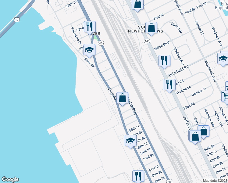 map of restaurants, bars, coffee shops, grocery stores, and more near 6404 Huntington Avenue in Newport News