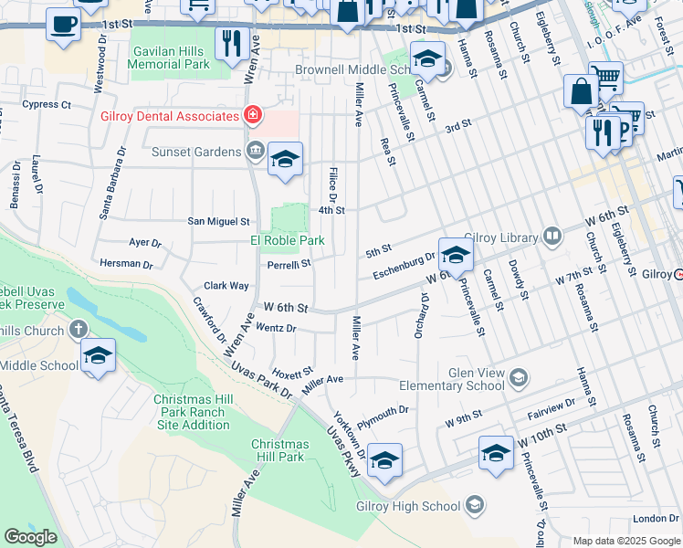 map of restaurants, bars, coffee shops, grocery stores, and more near 7460 Filice Drive in Gilroy