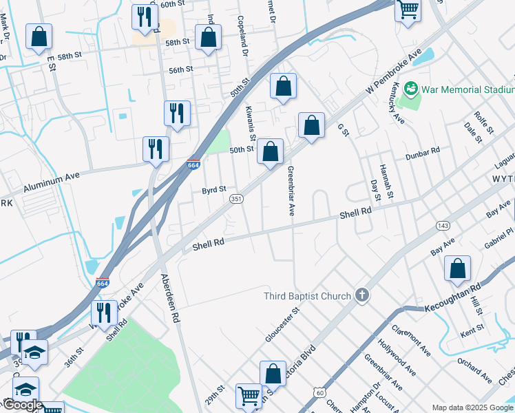 map of restaurants, bars, coffee shops, grocery stores, and more near 631 Vaughan Avenue in Hampton