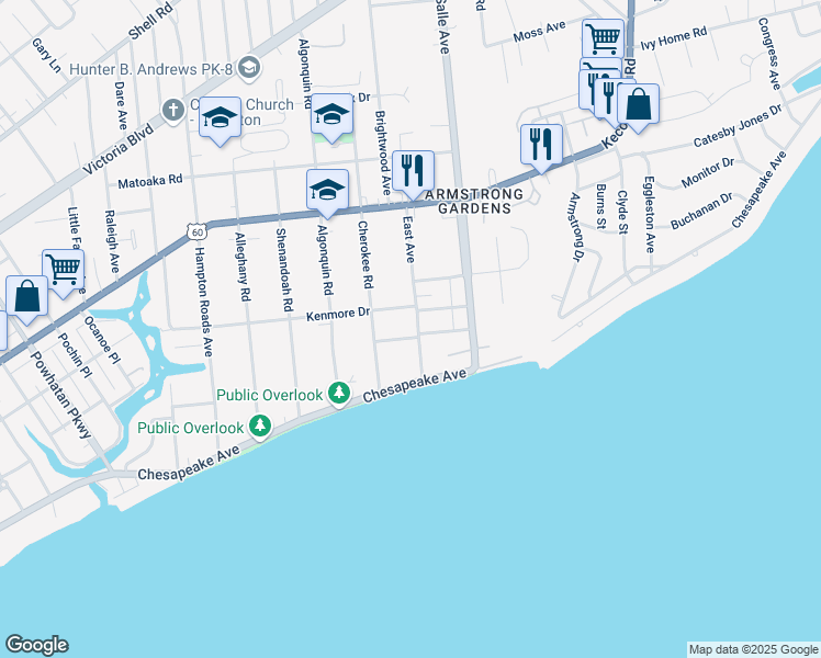 map of restaurants, bars, coffee shops, grocery stores, and more near 3508 Spottswood Place in Hampton