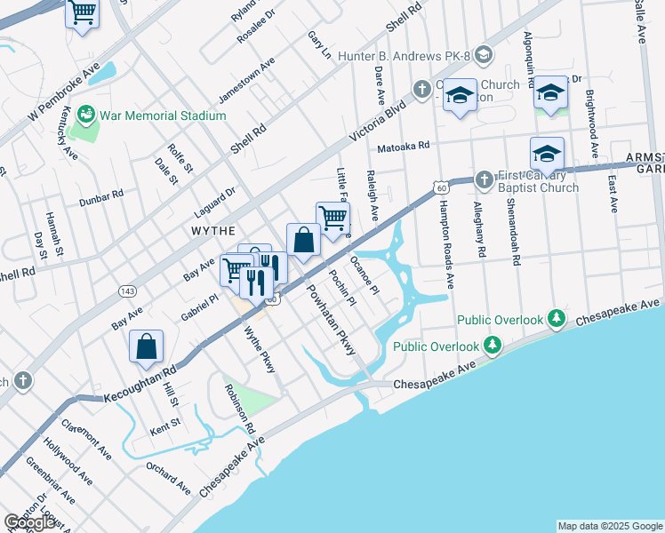 map of restaurants, bars, coffee shops, grocery stores, and more near 141 Pochin Place in Hampton
