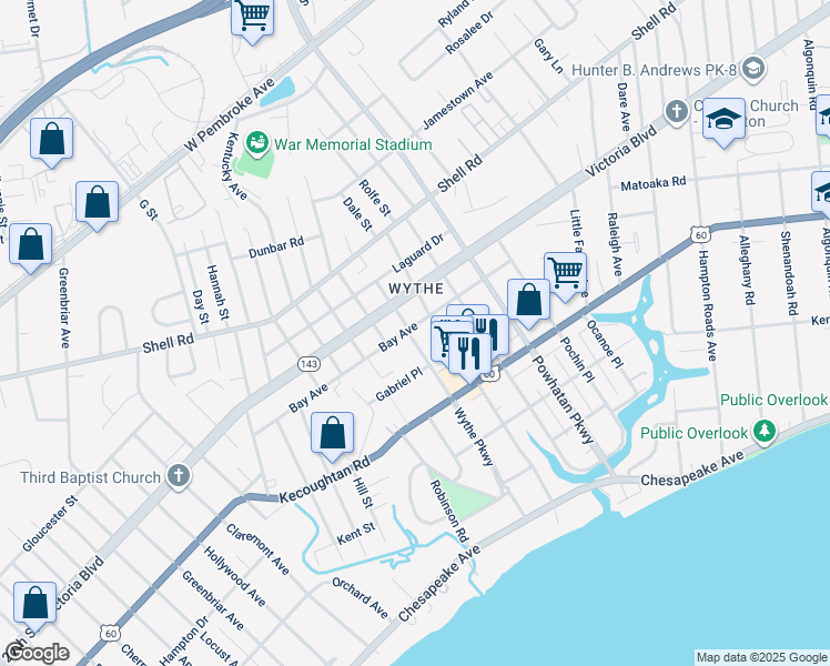 map of restaurants, bars, coffee shops, grocery stores, and more near 228 Wythe Parkway in Hampton