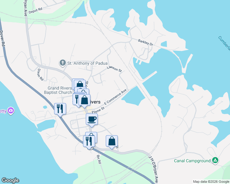 map of restaurants, bars, coffee shops, grocery stores, and more near Payne Street in Grand Rivers