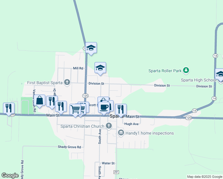 map of restaurants, bars, coffee shops, grocery stores, and more near 244 North Oak Avenue in Sparta