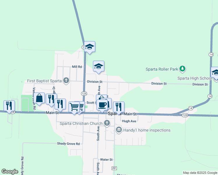 map of restaurants, bars, coffee shops, grocery stores, and more near 244 North Oak Avenue in Sparta