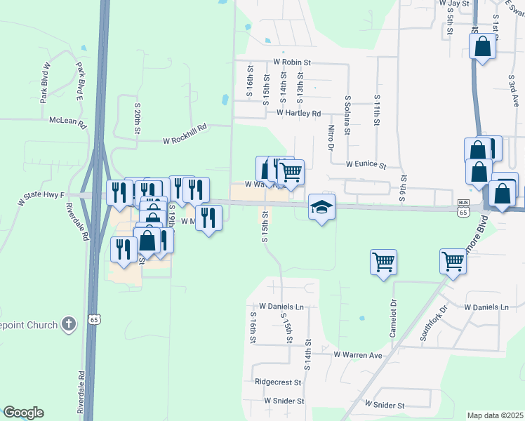 map of restaurants, bars, coffee shops, grocery stores, and more near 1700 South 15th Street in Ozark