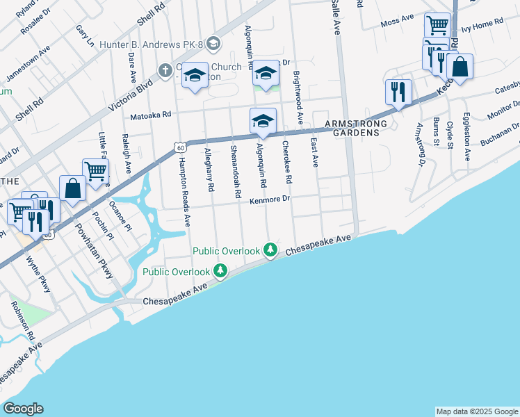map of restaurants, bars, coffee shops, grocery stores, and more near 83 Algonquin Road in Hampton