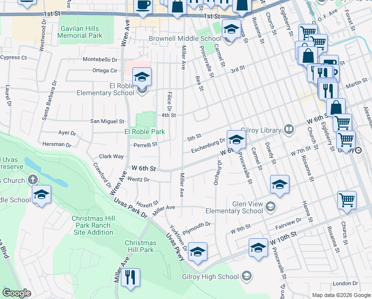 map of restaurants, bars, coffee shops, grocery stores, and more near 7460 Miller Avenue in Gilroy