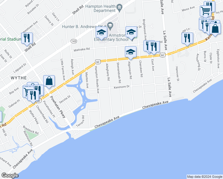 map of restaurants, bars, coffee shops, grocery stores, and more near 98 Alleghany Road in Hampton