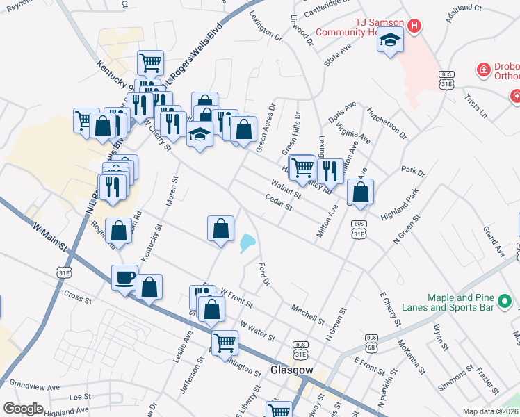 map of restaurants, bars, coffee shops, grocery stores, and more near 221 Cedar Street in Glasgow