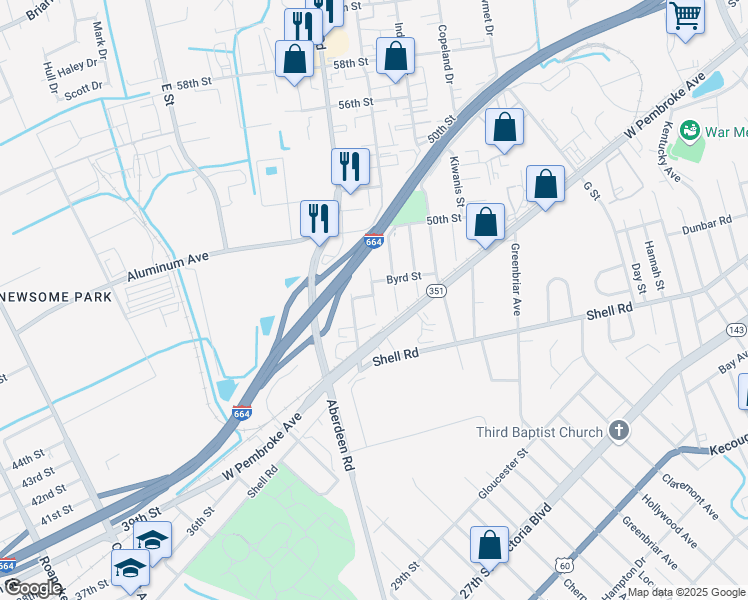 map of restaurants, bars, coffee shops, grocery stores, and more near 634 Ellington Avenue in Hampton