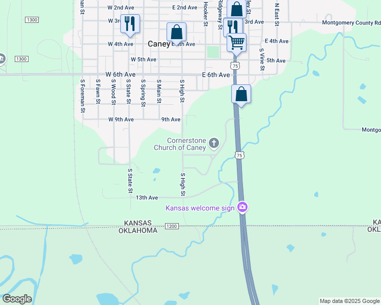 map of restaurants, bars, coffee shops, grocery stores, and more near 217 East 10th Avenue in Caney