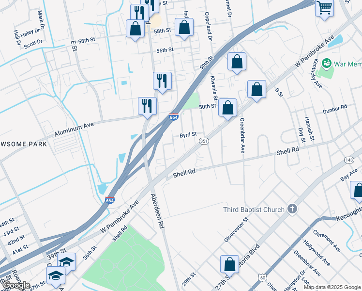 map of restaurants, bars, coffee shops, grocery stores, and more near 642 Birch Avenue in Hampton