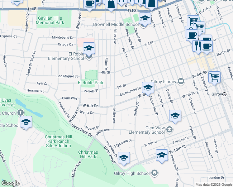 map of restaurants, bars, coffee shops, grocery stores, and more near 7460 Miller Avenue in Gilroy