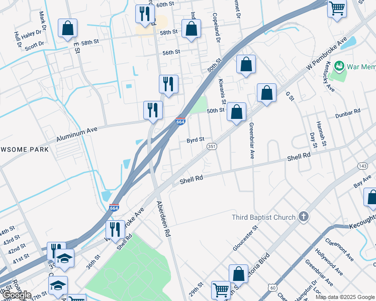 map of restaurants, bars, coffee shops, grocery stores, and more near 642 Birch Avenue in Hampton