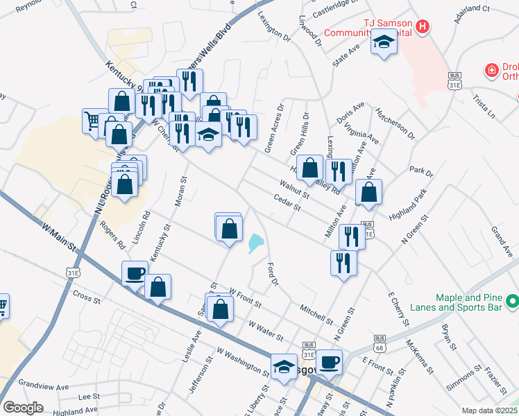 map of restaurants, bars, coffee shops, grocery stores, and more near 221 Cedar Street in Glasgow