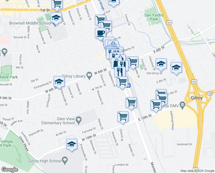 map of restaurants, bars, coffee shops, grocery stores, and more near 7284 Church Street in Gilroy