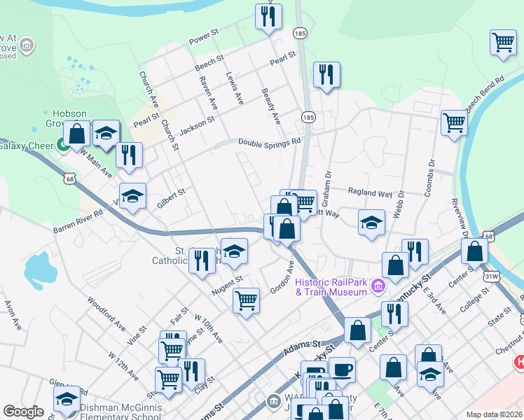 map of restaurants, bars, coffee shops, grocery stores, and more near 598 Scott Street in Bowling Green