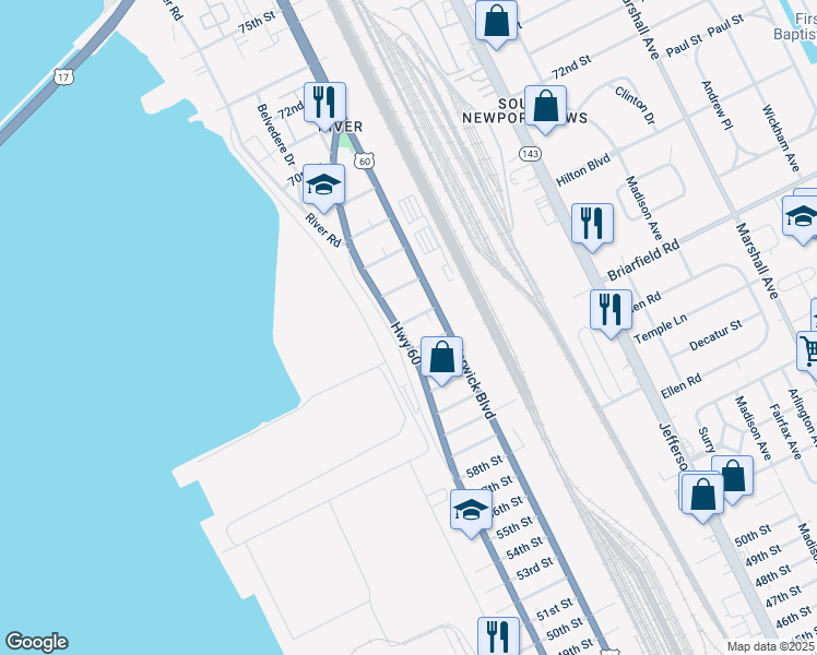 map of restaurants, bars, coffee shops, grocery stores, and more near 319 65th Street in Newport News