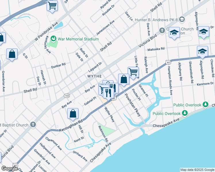 map of restaurants, bars, coffee shops, grocery stores, and more near 248 Pocahontas Place in Hampton