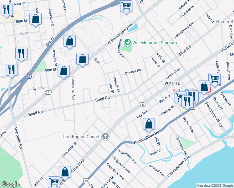 map of restaurants, bars, coffee shops, grocery stores, and more near 1213 Shell Road in Hampton