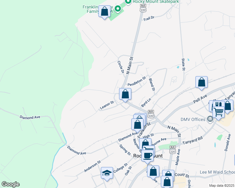 map of restaurants, bars, coffee shops, grocery stores, and more near Sycamore Street in Rocky Mount