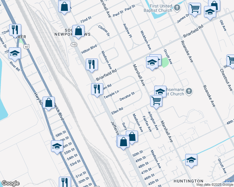 map of restaurants, bars, coffee shops, grocery stores, and more near 622 Temple Lane in Newport News